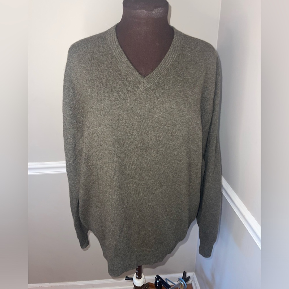 Allen Solly 100% Cashmere Sweater Mens Large V Neck Olive Green Knit Pullover